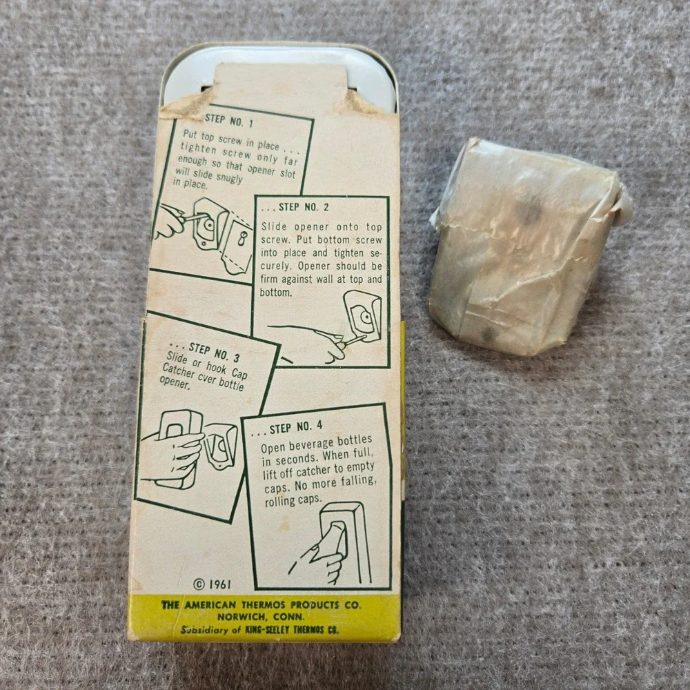 Vintage 1961 Thermos Wall Mount Bottle Opener and Cap Catcher White Metal Boxed